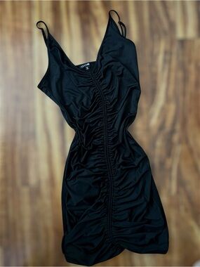 Fashion Nova Black Ruched Slip Dress with Spaghetti Straps